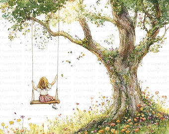 Girl on Swing Clipart Bundle: Watercolor Art, Junk Journal (JPG)