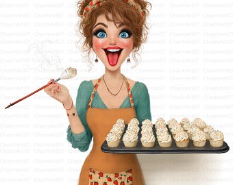 Clipart de mujer cocinando: Arte de cocina en acuarela (Descarga digital en formato JPG)