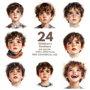 24 cliparts aquarelle d&#39;émotions pour enfants, clipart aquarelle imprimable, fichiers JPG de haute qualité, téléchargement numérique, journaux indésirables, créations en papier