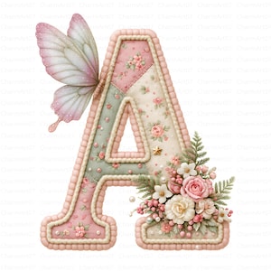 May include: A decorative letter A featuring a quilted patchwork pattern in soft pink, cream, and sage green tones. The letter is adorned with a large, translucent pink and white butterfly on the left and a cluster of pink roses and white flowers.