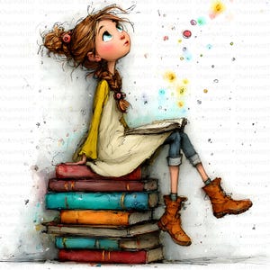 17 clipart fille lecture décalée, clipart amateur de livres, clipart aquarelle JPG, journal indésirable, scrapbooking, fabrication de cartes, fantaisiste, fantastique