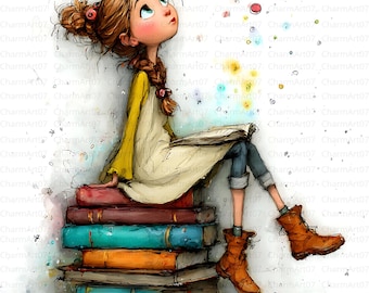 May include: Watercolor illustration of a girl sitting on a stack of books, looking up with a book in her lap. She wears a yellow shirt, a cream-colored dress, blue jeans, and brown boots. Colorful sparkles float above her.