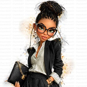 May include: Digital art of a stylish woman with dark hair in a bun, wearing black glasses, a black blazer, and a striped shirt. She holds a black purse with a gold chain. The image has a watercolor effect with gold accents.