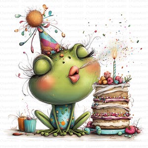 Puede incluir: Una ilustración caprichosa de una rana verde celebrando un cumpleaños. La rana, con un gorro de fiesta, sopla una vela sobre una tarta de varios pisos. Confeti colorido y regalos se suman a la escena festiva. La imagen tiene el texto "CharmArt07".