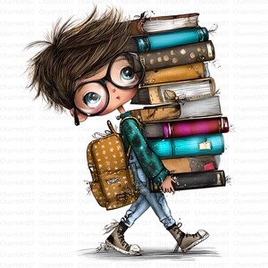 May include: Illustration of a young person with glasses carrying a large stack of books on their back. They wear a teal sweater, blue jeans, and a brown backpack. The books are various colors and sizes.