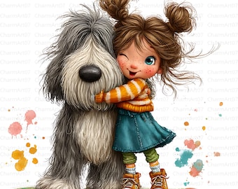 20 imágenes prediseñadas de niña y perro en acuarela: ilustraciones infantiles (descargar archivos JPG)
