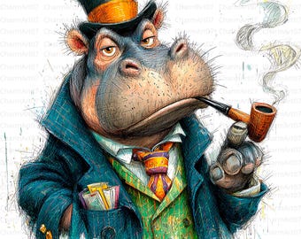 Watercolor Hippo Clipart Bundle: 18 Funny Animal Illustrations (Digital Download JPGs)