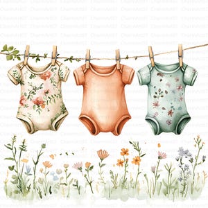 30 Clipart ligne de vêtements bébé aquarelle, clipart corde à linge nouveau-né, ligne à laver JPG bébé fille bébé garçon, Illustration vêtements de shower de bébé