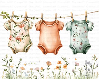 Clipart de acuarela de tendedero de bebé: Ilustración para baby shower (JPG)