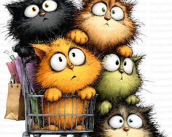Funny Cartoon Cat Clipart: Watercolor Kitten Art (Digital Download JPGs)