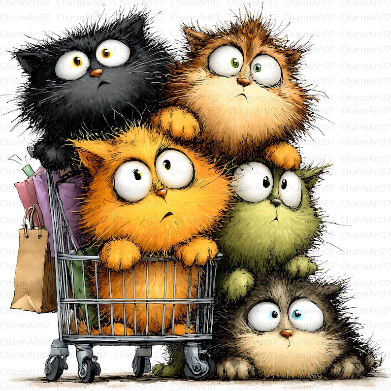 May include: A whimsical illustration of five cartoon cats with wide eyes and surprised expressions. One orange cat is in a shopping cart with bags. The cats are black, orange, brown, green, and grey.
