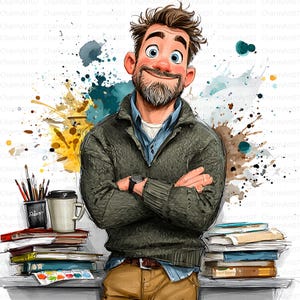 May include: Digital illustration of a smiling man with a beard, wearing a green sweater, blue shirt, and brown trousers. He has his arms crossed and is leaning against a desk with books, art supplies, and a coffee cup. Colourful paint splatters are in the background.