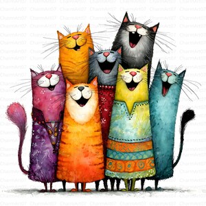 May include: A watercolor illustration of seven smiling cats of various colors, including orange, pink, gray, and blue. Each cat has a unique outfit and expression. The image has a whimsical and cheerful feel, perfect for cat lovers.