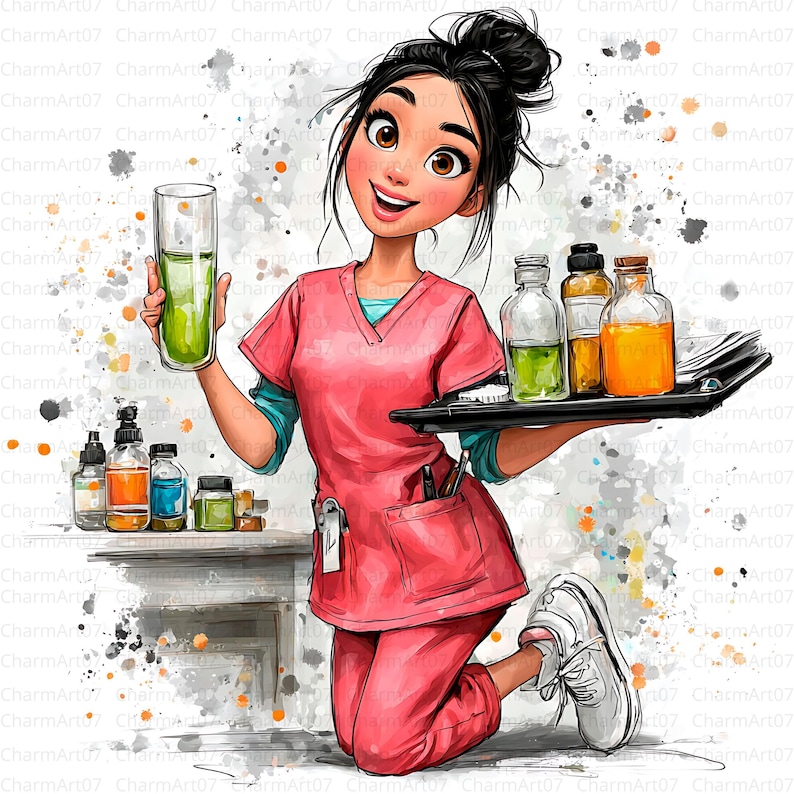 May include: Illustration of a smiling medical professional in pink scrubs, holding a tray with bottles and a tall glass with green liquid. Additional bottles are on a nearby surface. The image has a watercolor style.