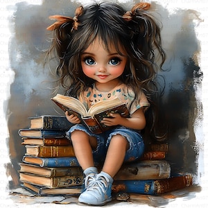 17 Quirky Reading Girl clipart, reading clipart, high-quality JPGs, digital print, junk journal pages, paper crafts, whimsical clipart