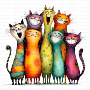 May include: A whimsical illustration of eight smiling cats in various colors. The cats have large, expressive smiles and are arranged closely together. The color palette includes orange, purple, green, and blue. The image has a watercolor style.