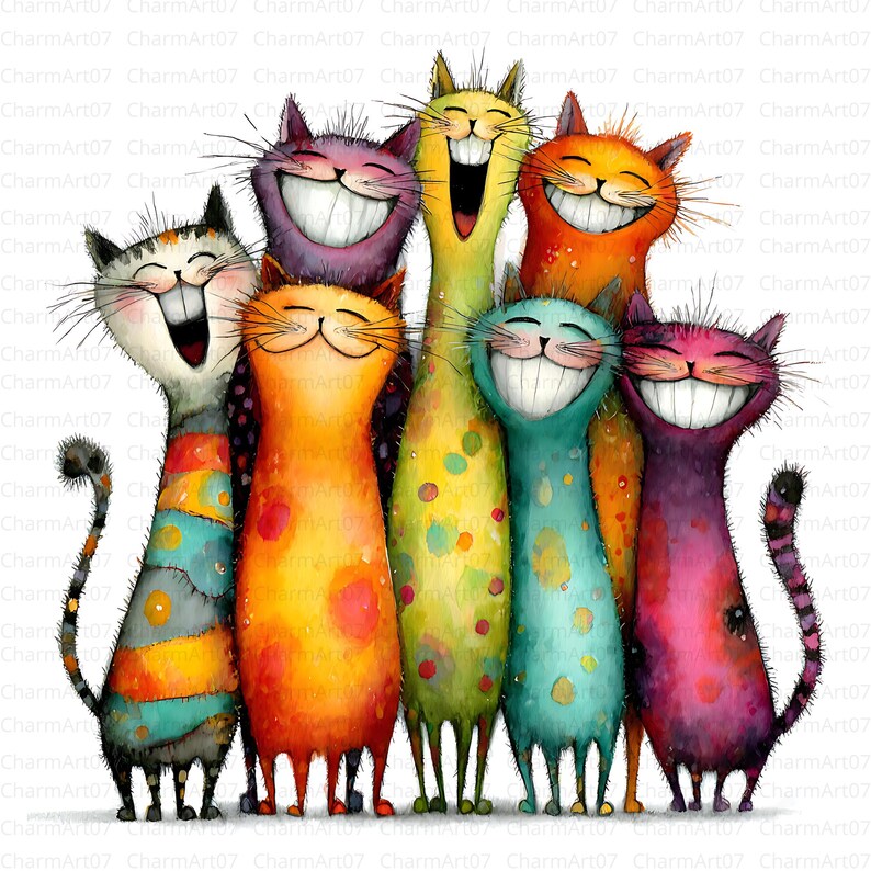 May include: A whimsical illustration of eight smiling cats in various colors. The cats have large, expressive smiles and are arranged closely together. The color palette includes orange, purple, green, and blue. The image has a watercolor style.