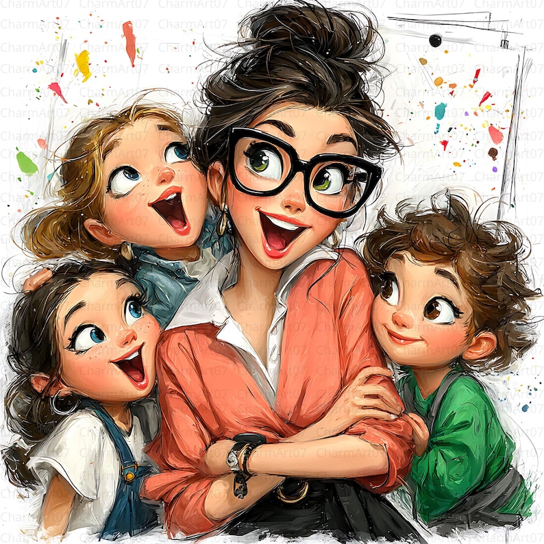 May include: Digital illustration of a woman with black glasses and three children. The woman wears a pink blazer over a white shirt, and the children are in denim overalls and a green shirt. All are smiling and looking up.