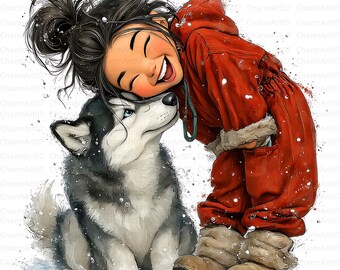 水彩画の女の子と犬のクリップアート20点：保育園のアートイラスト