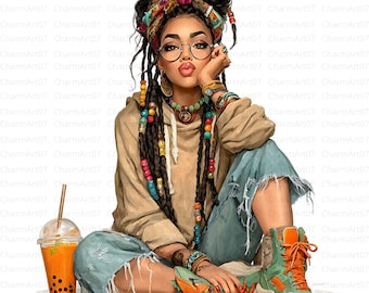 May include: Illustration of a woman with long dreadlocks, wearing a tan hoodie, ripped blue jeans, and green and orange boots. She has round glasses and is adorned with jewelry. A bubble tea drink sits beside her.