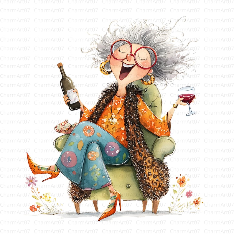 38 Funny Grandma Drinking Wine Clipart Bundle, Granny Party , Old Lady ...