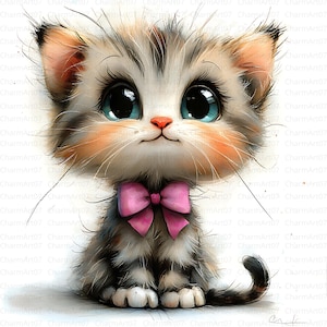 May include: A digitally painted kitten with large blue eyes and a pink bow tie. The kitten has gray and white fur with peach-colored cheeks and a small pink nose. Long whiskers extend from its face, and its tail is curled.