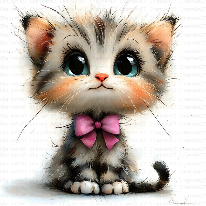 May include: A digitally painted kitten with large blue eyes and a pink bow tie. The kitten has gray and white fur with peach-colored cheeks and a small pink nose. Long whiskers extend from its face, and its tail is curled.