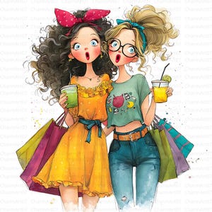 18 images clipart filles faisant du shopping, clipart aquarelle, journal indésirable, scrapbooking, fabrication de cartes, téléchargement numérique, fantaisie fantaisiste, fille originale