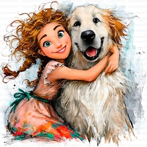 Girl and Dog Clipart Bundle: Watercolor Style JPGs for Commercial Use
