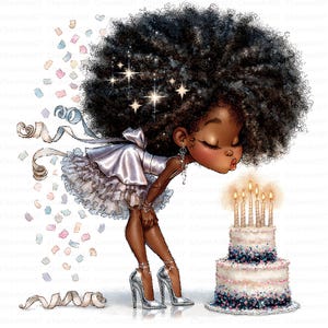 Può includere: Un'illustrazione digitale di una persona con una grande acconciatura afro scura e riccia decorata con stelle scintillanti, che indossa un abito bianco con volant e tacchi alti argentati, china in avanti per spegnere le candeline su una torta a due piani.