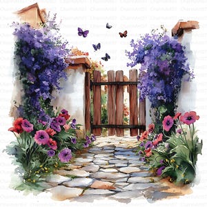 20 Clipart di cancelli da giardino floreali, uccelli floreali, acquerello stampabile, JPG di alta qualità, cartaceo, diario di scarto, cartaceo, immagini di album