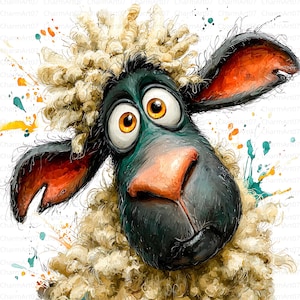 May include: A whimsical cartoon illustration of a sheep's face. The sheep has large, expressive eyes, a black face, and a pink nose. Its ears are red inside, and its wool is a creamy beige color. Colorful paint splatters surround the sheep.