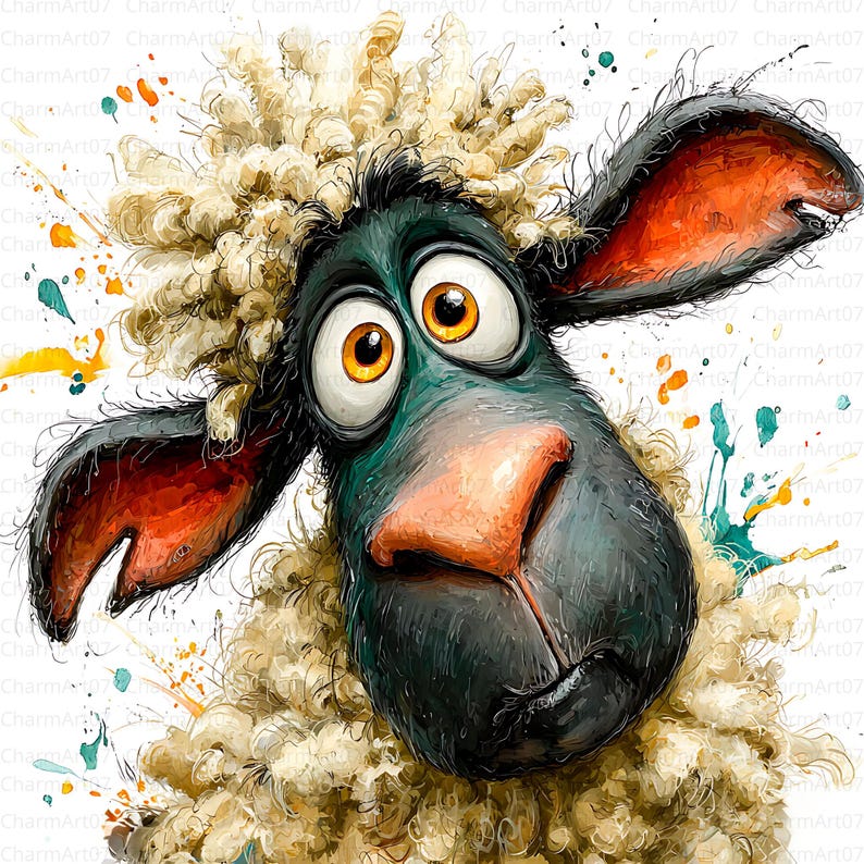 May include: A whimsical cartoon illustration of a sheep's face. The sheep has large, expressive eyes, a black face, and a pink nose. Its ears are red inside, and its wool is a creamy beige color. Colorful paint splatters surround the sheep.