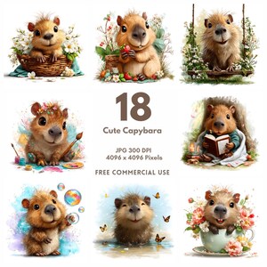 May include: A collection of nine watercolor illustrations featuring adorable capybaras in various scenes. The capybaras are depicted with flowers, bubbles, and reading books. The image includes the text "18 Cute Capybara" and other details.