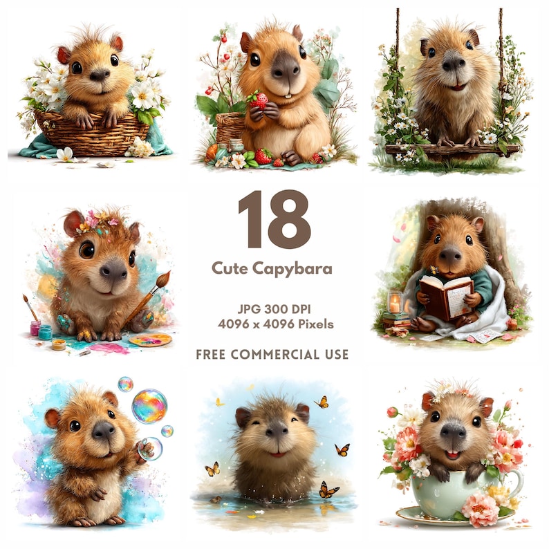 May include: A collection of nine watercolor illustrations featuring adorable capybaras in various scenes. The capybaras are depicted with flowers, bubbles, and reading books. The image includes the text "18 Cute Capybara" and other details.