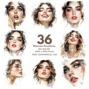 28 imágenes prediseñadas de emociones femeninas, imágenes prediseñadas de rostro femenino, imágenes prediseñadas de acuarela imprimibles, archivos JPG de alta calidad, descarga digital, diarios basura, manualidades de papel