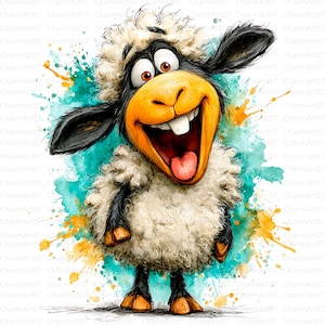 May include: A cartoon illustration of a sheep with a large, open mouth, showing its tongue and teeth. The sheep has black ears, legs, and face, with a yellow nose and brown eyes. The sheep is surrounded by teal and yellow paint splatters.