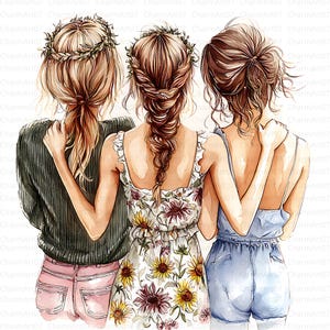 20 imágenes prediseñadas de tres hermanas abrazándose (JPG), ilustración de chicas lindas, álbum de recortes, manualidades, descarga digital, fantasía, capricho, diario basura