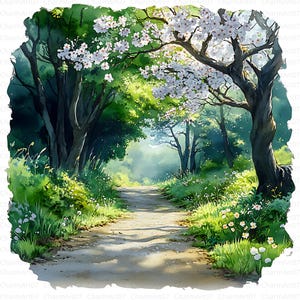 20 bospad clipart, boslandschap, wandelpad afbeeldingen, afdrukbare aquarel, hoogwaardige jpg's, junk journal, paper craft