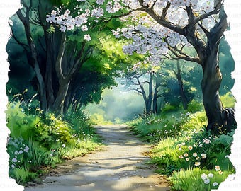水彩画の森の風景クリップアート：山の丘のJPG画像（商用利用、即時