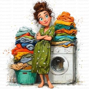 Puede incluir: Ilustración de una mujer con un vestido verde floral de pie junto a una lavadora y montones de ropa colorida. Una cesta de lavandería verde está en primer plano. La mujer tiene los brazos cruzados y sonríe.