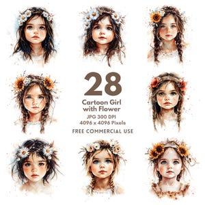 28 Cartoon Girl with Flower Crown Clipart, Girl in Flowers Clipart, Floral Girl Meadow, Printable Watercolor clipart, High Quality JPGs