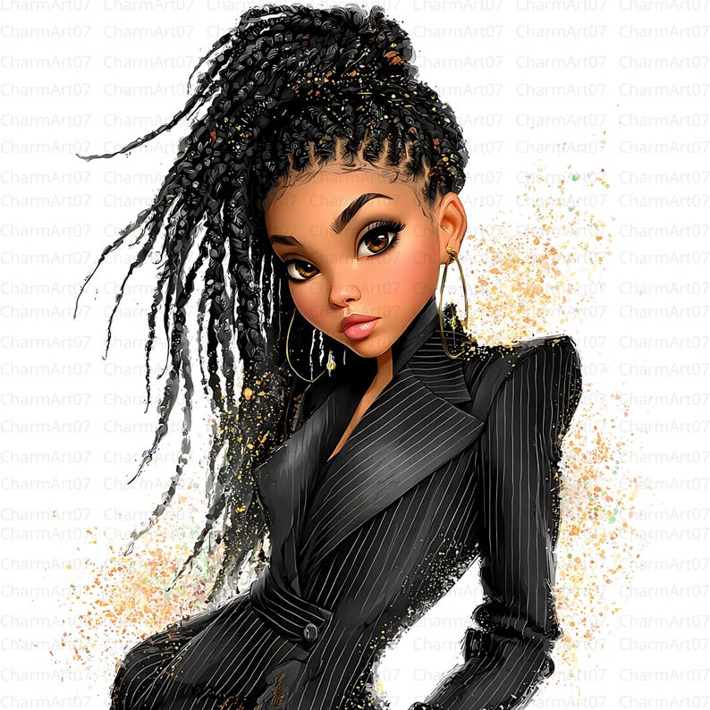 May include: Digital illustration of a woman with dark skin, wearing a black pinstripe blazer. Her hair is styled in black braids, and she wears gold hoop earrings. The image has a white background with gold accents.