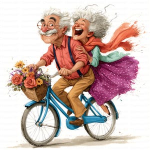 May include: An illustration of an elderly couple riding a bright blue bicycle. The person in front wears a red shirt, tan trousers, and braces. The person behind wears a purple polka-dot skirt and orange scarf. A basket holds red roses.