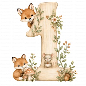 May include: A large wooden number one decorated with a fox peeking from the top, a fox sitting at the base, and a small mouse holding an acorn. The design features green leafy vines, small white flowers, two mushrooms, and a brown acorn.