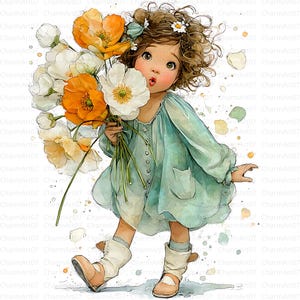 17 Clipart di ragazza con fiori, Clipart di fiori di campo, Clipart di acquerello stampabili, JPG ad alta risoluzione, Download digitale, diario spazzatura, Carta artigianale