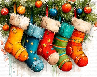 Watercolor Christmas Stockings Clipart Bundle, Holiday Scrapbooking (JPG)