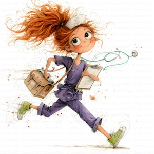 Könnte beinhalten: Eine Cartoon-Illustration einer Pflegekraft mit wildem, orangefarbenem Haar im Pferdeschwanz, bekleidet mit einem violetten Kasack und einer Hose, einer weißen Haube und grünen Turnschuhen. Die Person trägt eine braune Tasche, ein Klemmbrett und ein Stethoskop.