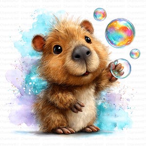 May include: A watercolor illustration of a cute, cartoonish rodent with brown fur, large black eyes, and a dark nose. The rodent is holding a bubble and surrounded by colorful bubbles against a blue and purple watercolor background.