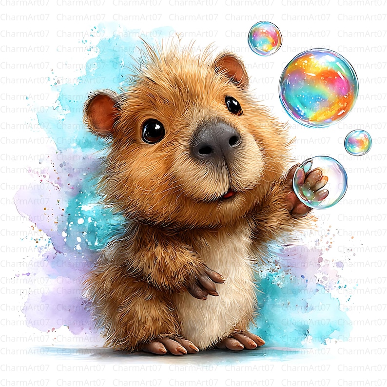 May include: A watercolor illustration of a cute, cartoonish rodent with brown fur, large black eyes, and a dark nose. The rodent is holding a bubble and surrounded by colorful bubbles against a blue and purple watercolor background.